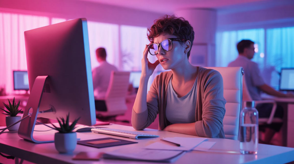 Persona en un entorno digital mirando su móvil con expresión de cansancio, simbolizando la fatiga de intentar estar bien todo el tiempo