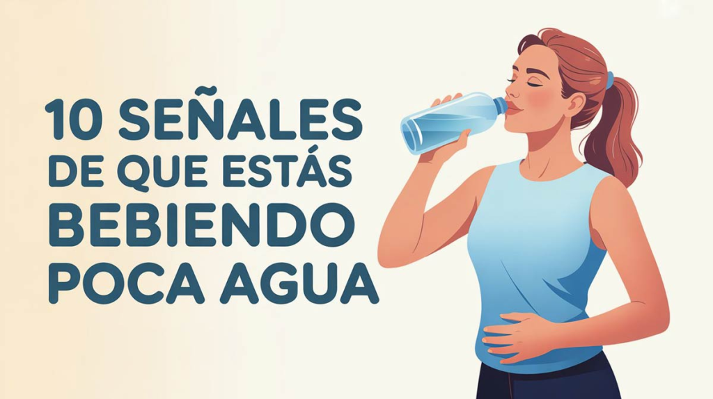 Infografía que ilustra 10 signos de deshidratación o falta de agua, incluyendo dolor de cabeza, boca seca, cansancio, dolor articular, metabolismo lento y orina oscura.