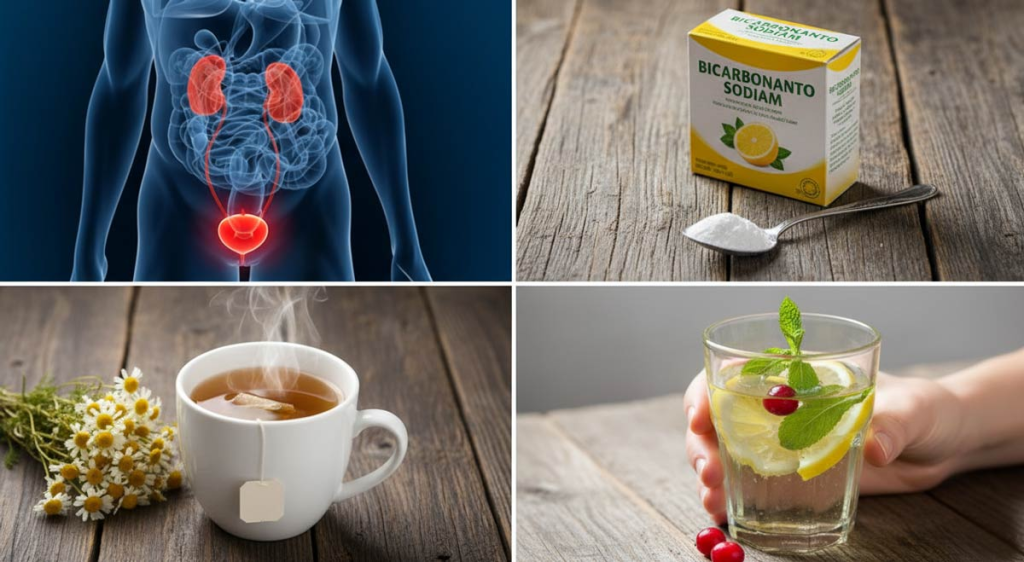 Infografía de 4 remedios naturales para la infección urinaria: agua con limón, bicarbonato de sodio, jugo de arándano y té de manzanilla.