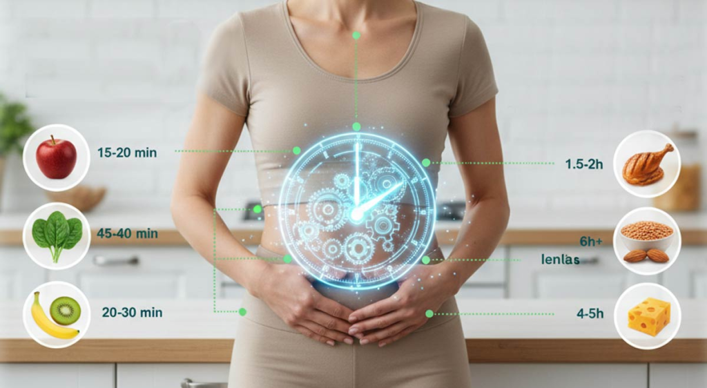 Infografía que muestra el tiempo de digestión de alimentos como pollo, huevos y frutas, ilustrando la diferencia de velocidad entre ellos