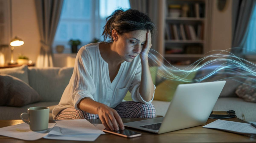 Mujer agotada frente al portátil por el home office y la hiperconectividad. Síntomas de burnout y fatiga laboral.