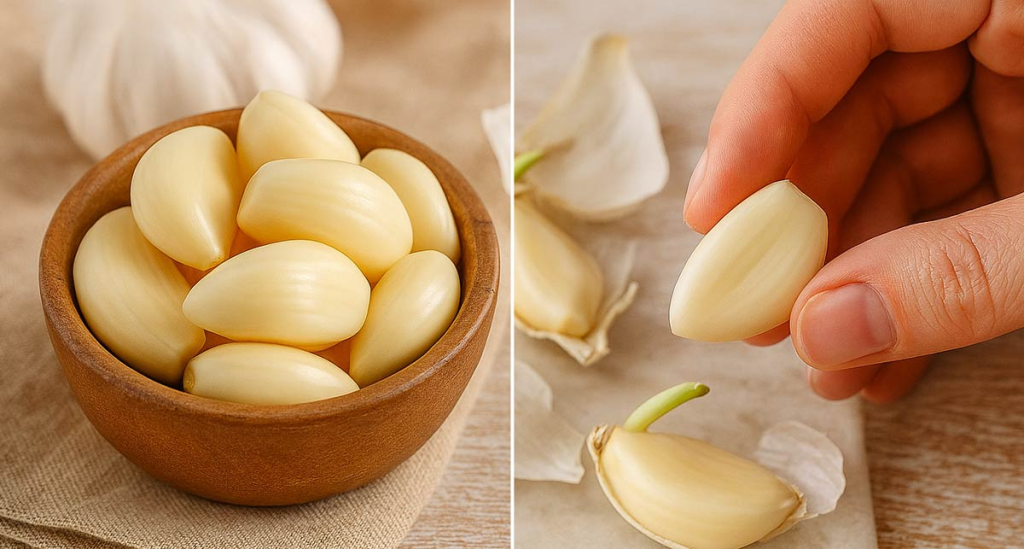 Dientes de ajo crudos y pelados, ilustrando el poder de la alicina como antibiótico y antiviral natural contra bacterias e infecciones.