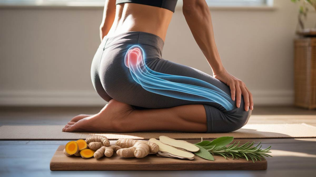 Mujer en postura de estiramiento de yoga, con una ilustración 3D del nervio ciático en azul y la articulación de la cadera en rojo. En primer plano, ingredientes antiinflamatorios: cúrcuma, jengibre y hierbas. La imagen representa el alivio del dolor ciático a través del movimiento y remedios naturales.