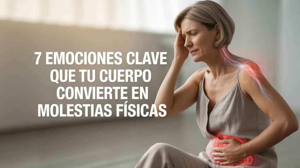 Silueta translúcida de cuerpo humano con áreas iluminadas que representan el dolor psicosomático por emociones como estrés y miedo.