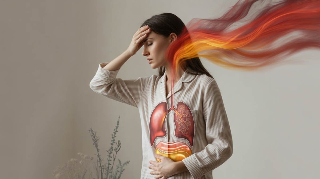 Mujer con gesto de preocupación y dolor de cabeza tocándose la frente, simbolizando la tensión de la ira y el miedo que afecta el estómago e hígado, con una taza de infusión natural en primer plano.