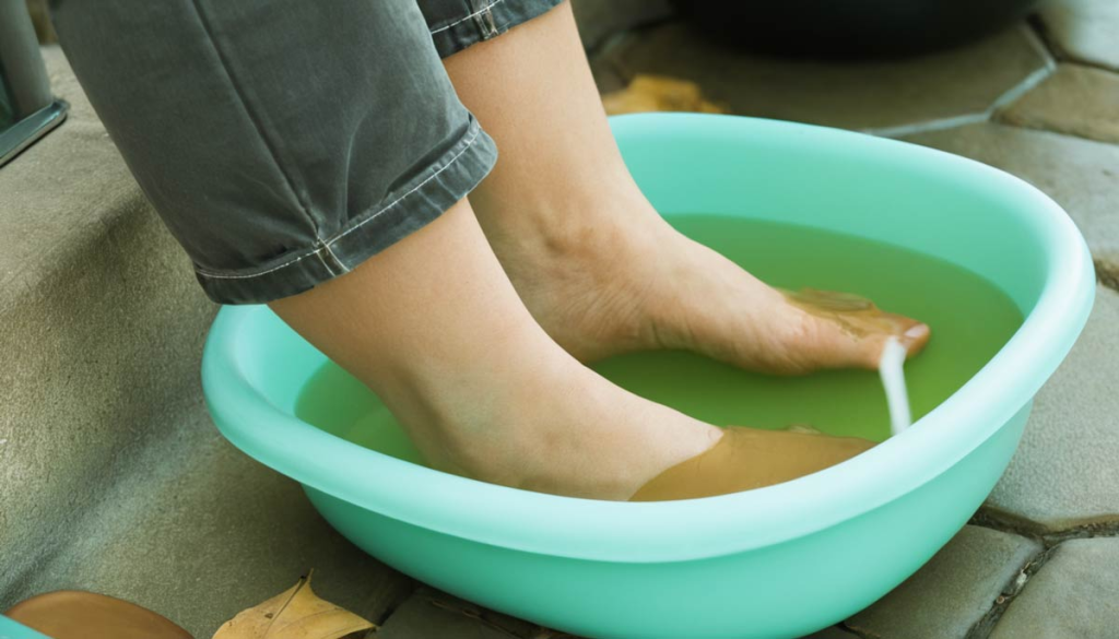 Pies de una persona sumergidos en un recipiente con agua y vinagre (pediluvio), remedio casero para eliminar hongos y el mal olor.