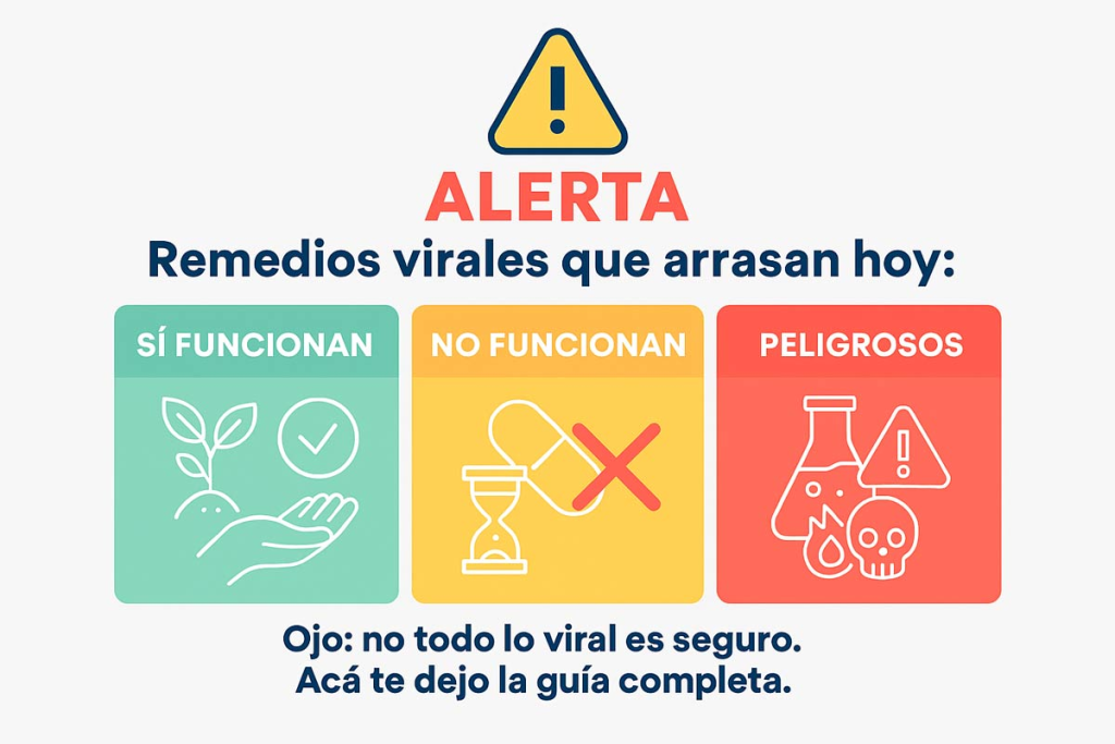 Infografía sobre remedios virales divididos en tres grupos: los que sí funcionan, los que no funcionan y los peligrosos.