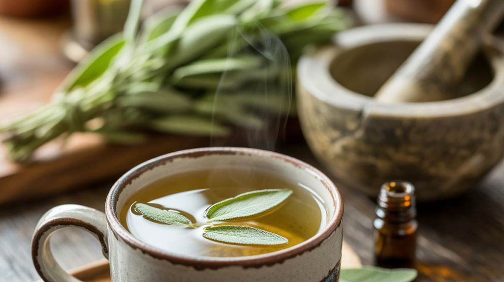 Manojo de hojas frescas de Salvia (Salvia officinalis) ilustrando sus propiedades medicinales para la memoria, el dolor y la inflamación.