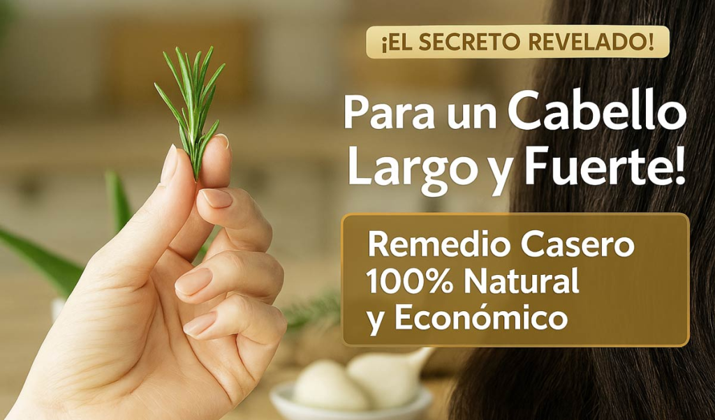 Ingredientes del tónico casero para el crecimiento del cabello: semillas de linaza, jengibre fresco y romero, junto a un frasco atomizador con el tónico y un mechón de cabello sano