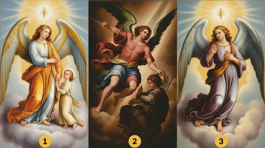 Tres ángeles de diferentes estilos (Guía, Guerrero, Pacificador). Test de personalidad y mensaje espiritual para elegir el ángel.