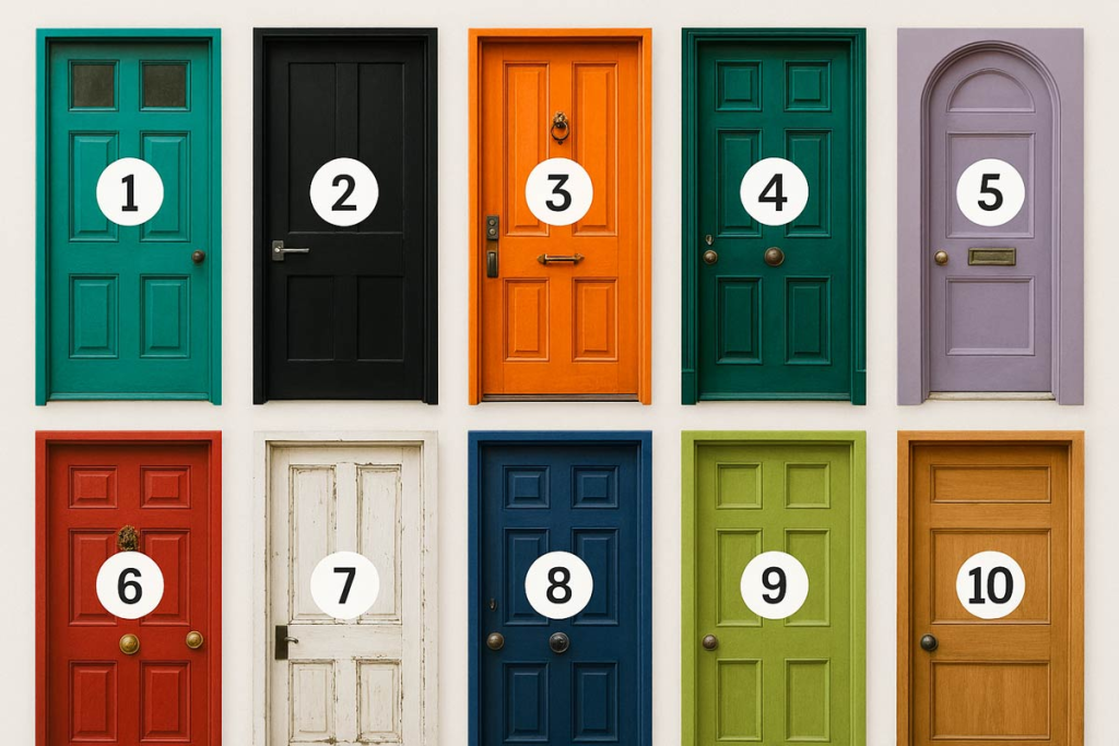 Diez puertas de diferentes colores y estilos (Negro, Rojo, Verde, Azul, Naranja, Blanco, Lavanda, Marrón). Test visual de personalidad para elegir una puerta y descubrir el cambio que se necesita.