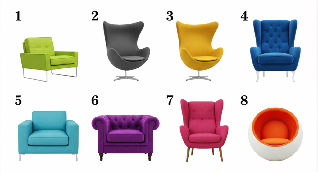 Ocho sillas de diferentes estilos para test de personalidad. Elección visual para descubrir la personalidad oculta y la posición en la vida.