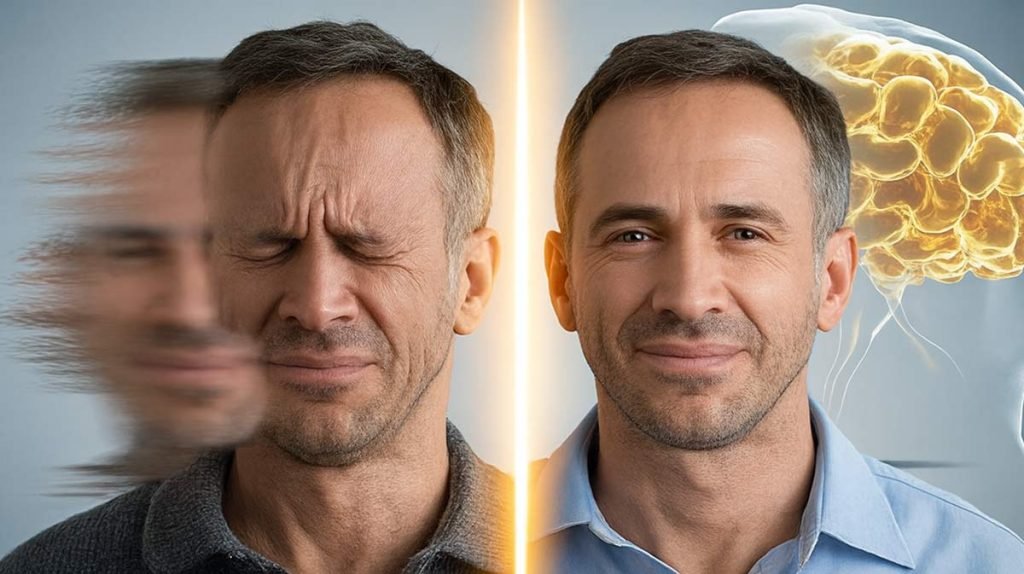 Antes y después de enfermedad de Huntington: izquierda muestra hombre con expresión angustiada y confusión (imagen borrosa), derecha muestra mismo hombre tranquilo y sonriendo con claridad, cerebro dorado brillando simbolizando terapia génica AMT-130. Transformación de esperanza médica descubrimiento 2025.