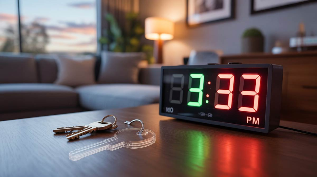 "Imagen conceptual para artículo sobre glitches en la realidad 2025: reloj digital a las 3:33 con píxeles duplicados y llaves con efecto fantasma"