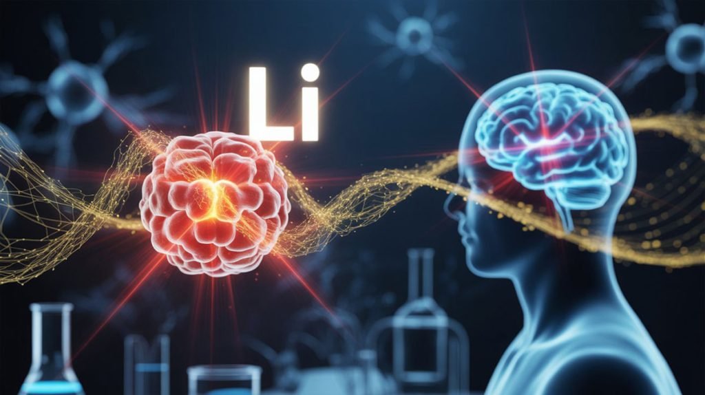 Litio y Alzheimer explicado simple - Molécula de litio brillante conectada a cerebro humano con flujos de energía dorada - Descubrimiento Harvard Nature 2025