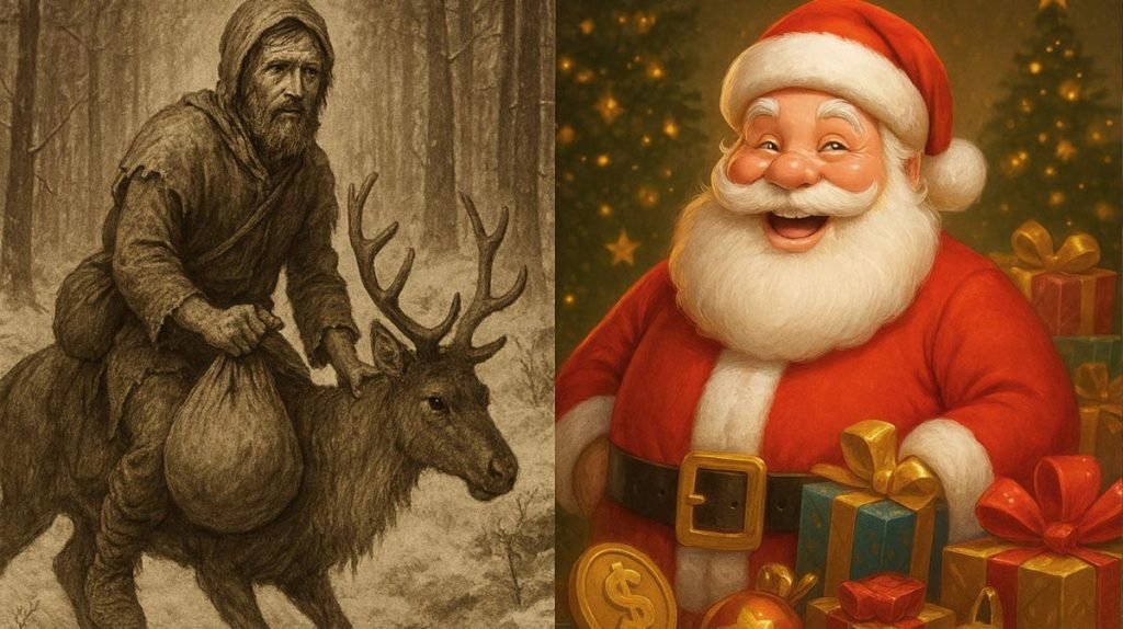 Comparación visual: San Nicolás pobre antes de Coca-Cola (izquierda) vs Papá Noel comercial moderno (derecha)