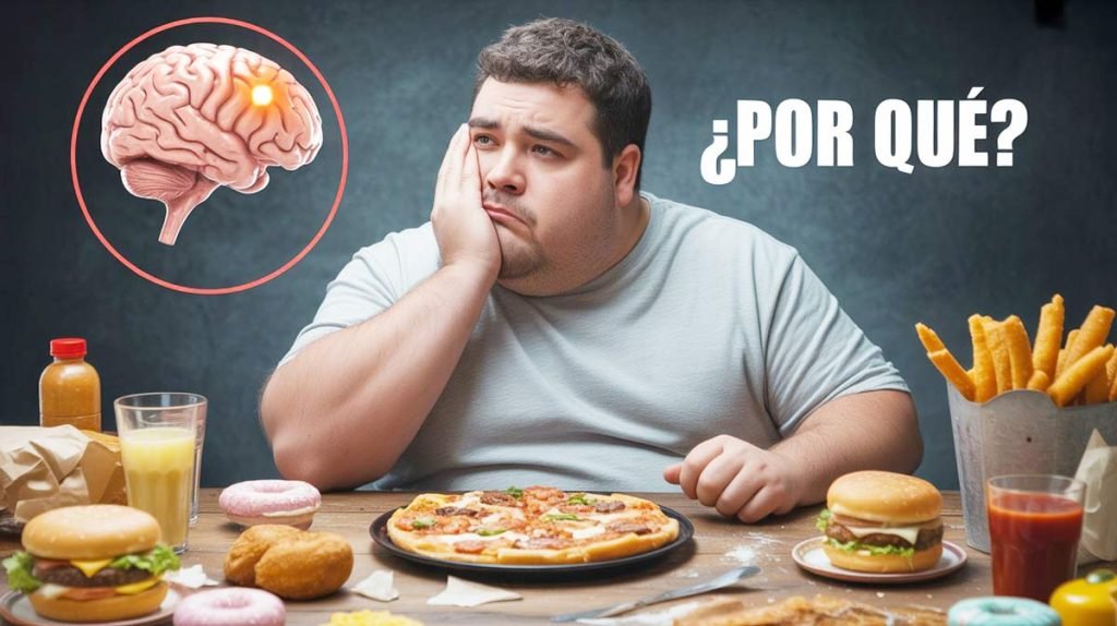 Hombre obeso mirando comida confundido preguntando por qué siempre tiene hambre, con visualización de cerebro y proteína MRAP2 disfuncionando - descubrimiento Universidad Birmingham 2025 sobre control de apetito