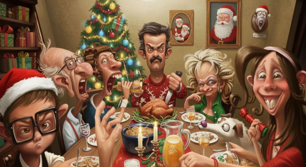 Ilustración cómica sobre cómo sobrevivir a una cena de Navidad con familiares difíciles y tóxicos, representando el estrés familiar y la necesidad de límites emocionales.
