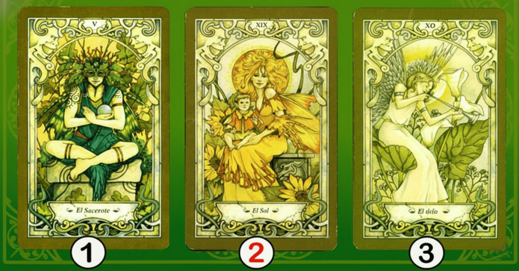 Tres Arcanos Mayores del Tarot (El Sacerdote, El Sol, El Diablo) en estilo Art Nouveau. Test de personalidad para elegir una carta y descubrir tu fuerza secreta.