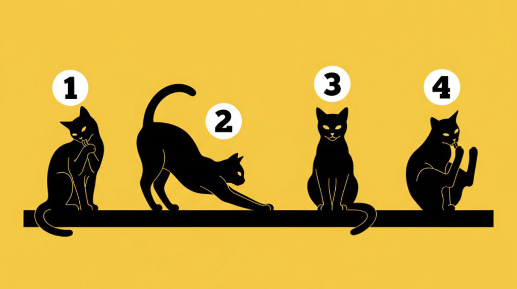 Seis ilustraciones de diferentes arquetipos de gatos (Negro, Callejero, Persa, Juguetón, Sabio). Test de personalidad para elegir el gato y descubrir el secreto de la felicidad.