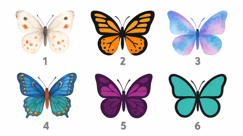 Seis mariposas de acuarela con colores variados (Blanco, Naranja, Púrpura, Azul, Turquesa). Test de personalidad y psicología para elegir la mariposa y descubrir el rasgo oculto.