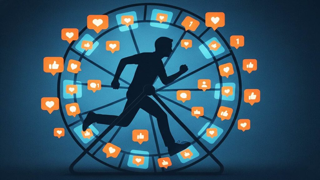 Ilustración de una silueta humana corriendo en una rueda de hámster rodeada de notificaciones de redes sociales, simbolizando la atrofia de la corteza prefrontal y la adicción a la dopamina.