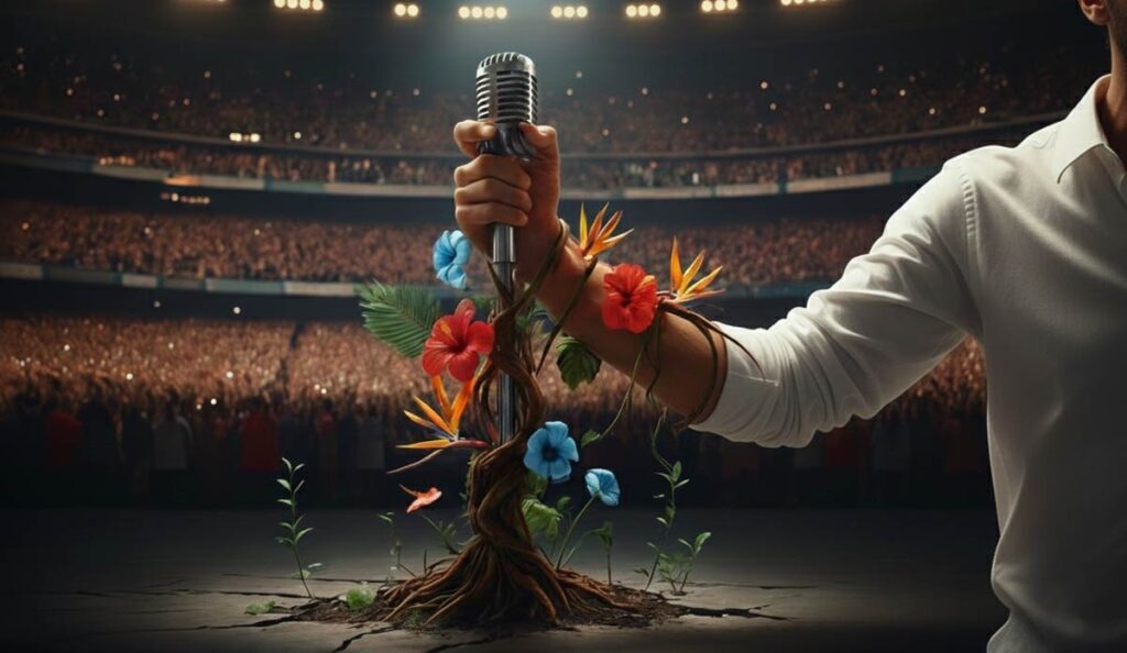 Metáfora visual de la resistencia cultural: un brazo que sostiene un micrófono mientras raíces y flores autóctonas crecen del suelo, representando la autenticidad de Bad Bunny en el Super Bowl 2026