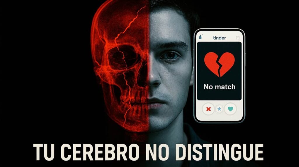 Composición dividida: mitad izquierda muestra un cráneo con radiografía en rojo iluminado en la zona frontal del cerebro; mitad derecha muestra el rostro de un hombre joven sosteniendo un celular con la pantalla de Tinder que dice "No match". Texto superior: "Tu cerebro no distingue."
