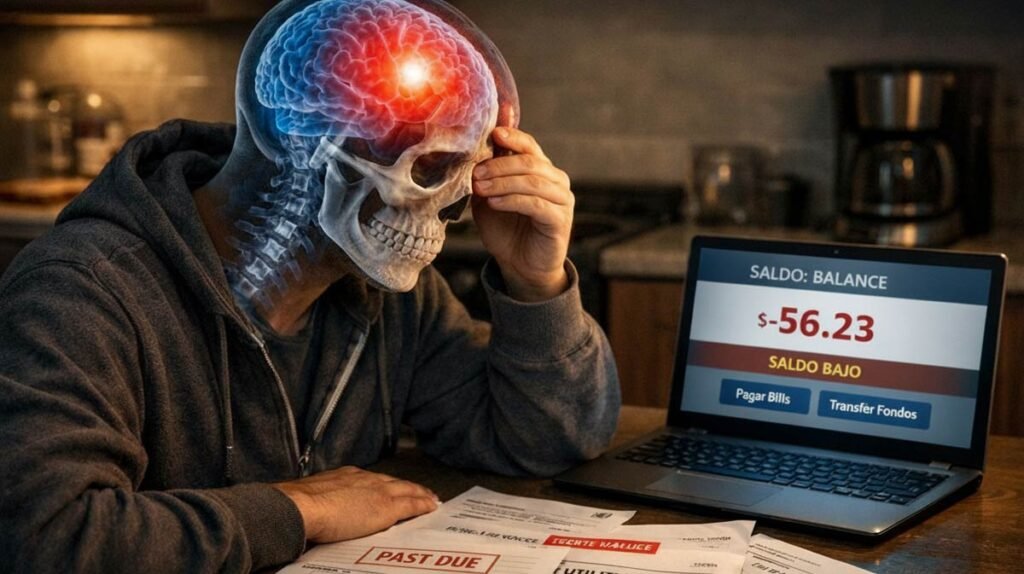 Persona con visualización de cerebro mostrando amígdala activada en rojo mientras revisa homebanking con saldo negativo y facturas vencidas - estrés financiero y cortisol elevado