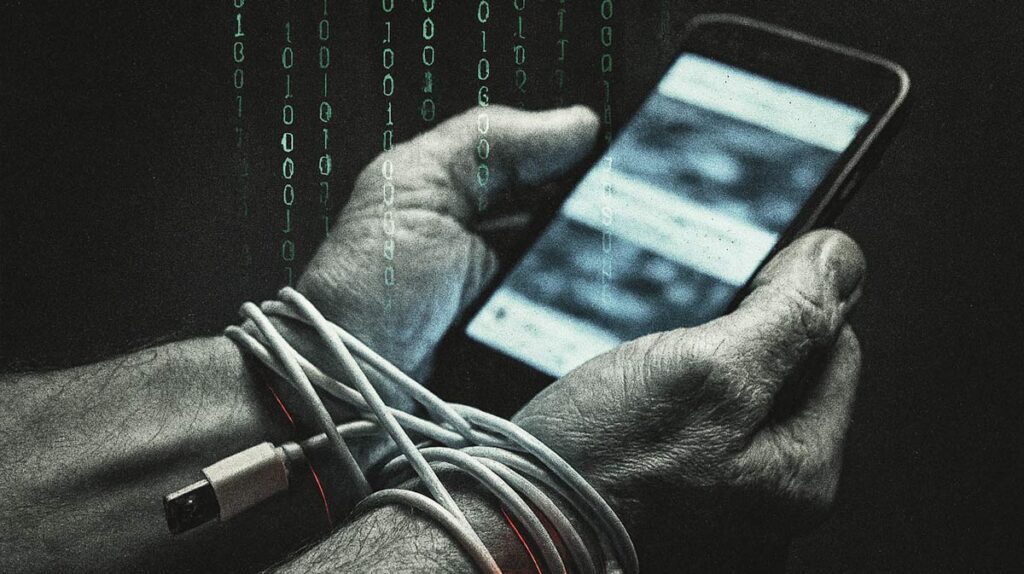 Filosofía estoica para ansiedad digital - manos encadenadas con teléfono representando esclavitud tecnológica