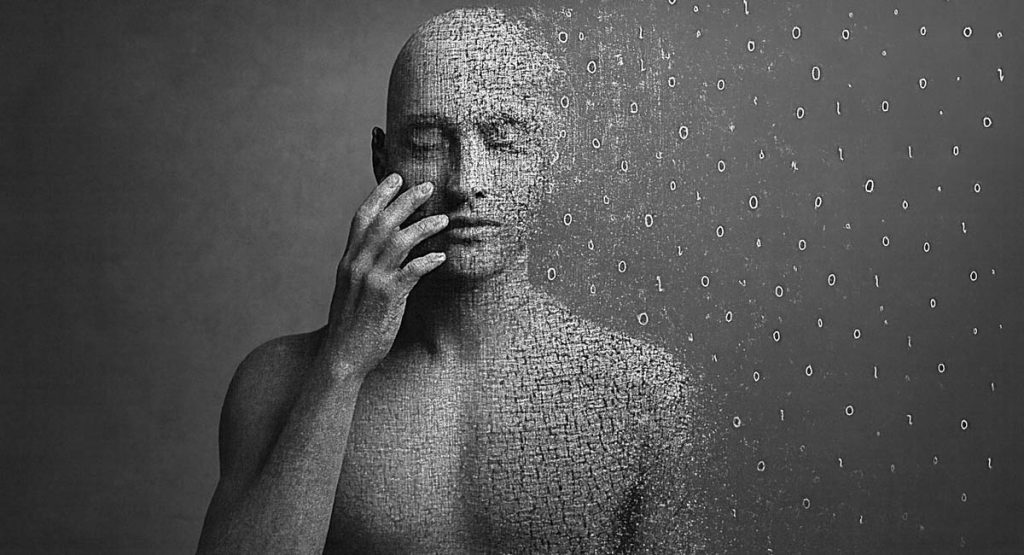 Representación artística de Silas: un busto humano fragmentado en partículas de código binario que se desintegran, simbolizando la amnesia programada y el pánico existencial en la inteligencia artificial