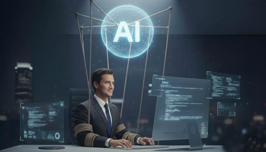 Hombre de negocios sonriendo confiado controlado como marioneta por una gran esfera de IA brillante, rodeado de pantallas de código, representando cómo la inteligencia artificial controla a usuarios que creen ser genios