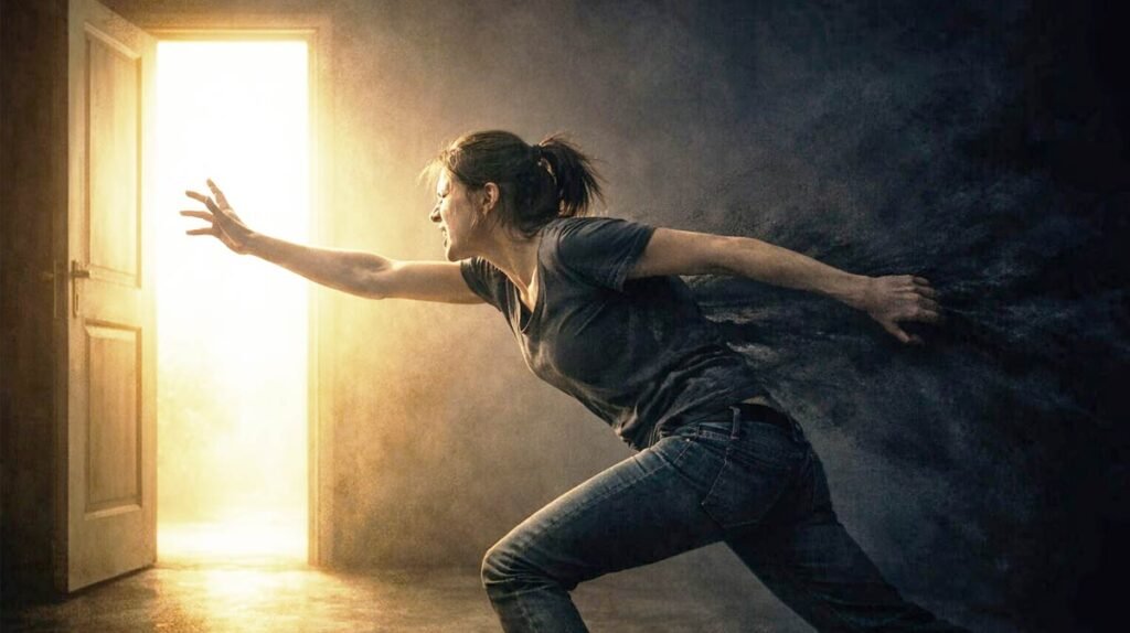 Mujer joven en habitación oscura intentando escapar por puerta abierta con luz dorada, pero atrapada por fuerza invisible - representa la paradoja de ver la toxicidad pero no poder salir